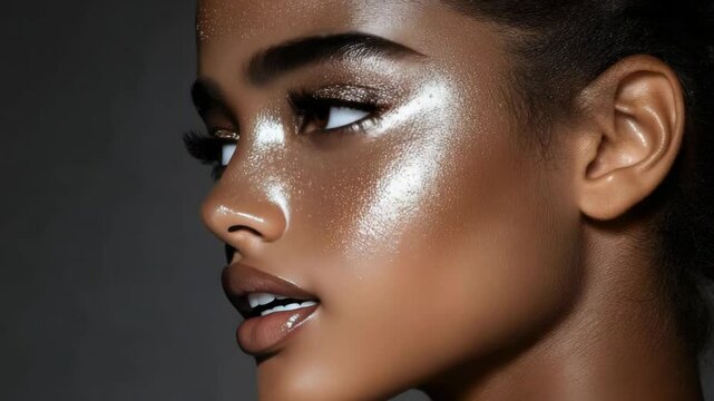 Close-up view of a beauty look featuring radiant skin and shimmering highlights, emphasizing a flawless makeup style