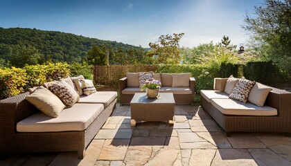 luxurious outdoor patio furniture on a sun drenched stone patio