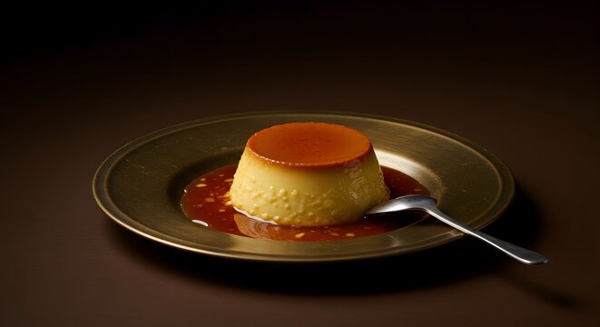 Photo of caramel pudding on a bronze plate, brown background and soft light translate elegant and cohesive monochromatic theme
