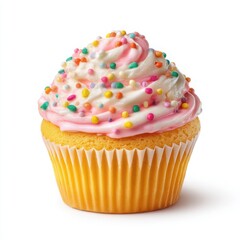 Delicious Vanilla Cupcake with Pink and White Frosting and Colorful Sprinkles on White Background, Sweet Treat, Dessert, Celebration, Party Food, Isolated