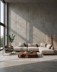 Spacious living room with gray background