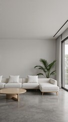 Spacious living room with gray background