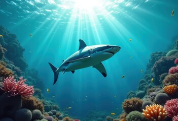 great white shark swimming elegantly underwater among vibrant coral reef life seascape marine adventure, ocean, fish, diving, aquatic, blue, ecosystem, nature