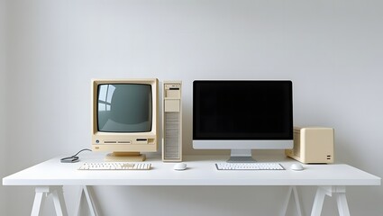 Side-by-side comparison of old and new computer setup on clean desk, technology evolution concept, clear contrast