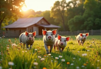 healthy pig farming vibrant green pasture sustainable agriculture family homestead organic livestock raising, animal, nature, pigs, grazing, meadow, herd