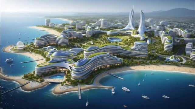 Futuristic beachside city with organic architecture and lush island design by the ocean
