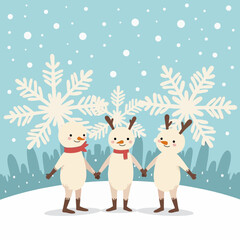 Fototapeta premium Three cartoon snowmen holding hands in winter with snowflakes 
