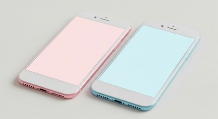 Fototapeta premium Two mobile phones in light colors on white light grey background