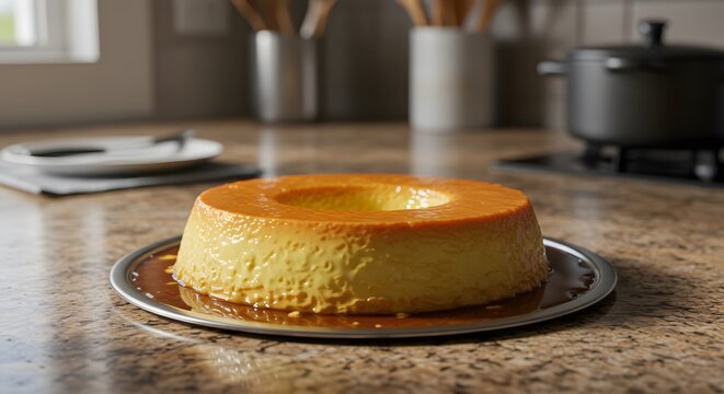 Pudding photographed under natural light on a granite countertop with blurred kitchen items in the background, creating an everyday context for lifestyle marketing