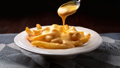 crispy golden fries are generously topped with rich cheese sauce drizzled from a spoon served in a white bowl on a textured plate