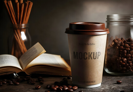Coffee Packaging Mockup with Grinder and Beans in Rustic Wood Table with a Book