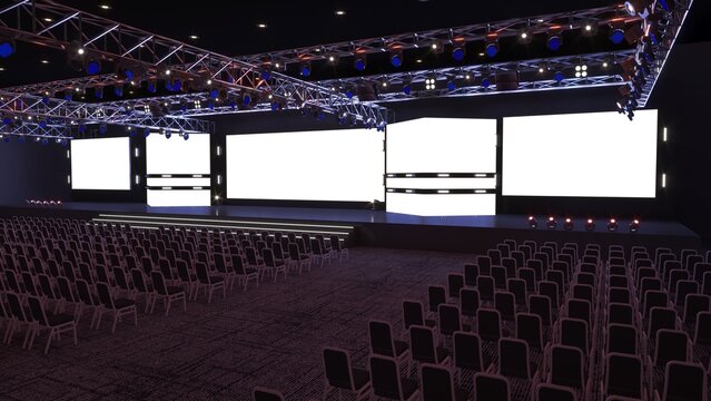 Empty stage design for mockup and corporate identity, display. Platform elements in hall.	
Conference Stage Designs. Meeting event scene, party scene design. 