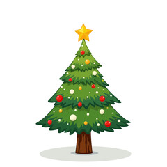 Fototapeta premium Cartoon Christmas tree with colorful ornaments and a yellow star 