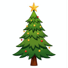 Fototapeta premium Cartoon Christmas tree decorated with colorful ornaments and star 