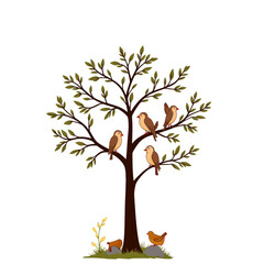 Obraz premium Tree with birds perched among green leaves on white background 
