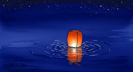 Floating Lantern in the Night – Dreamlike Watercolor Scene of Peace and Letting Go