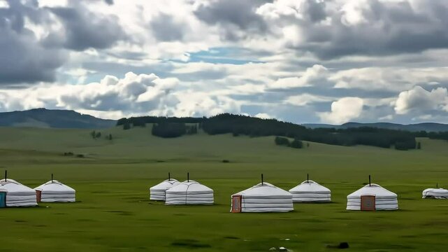 Traditional Nomadic Tents in a Vast Green Meadow Under a Cloudy Sky