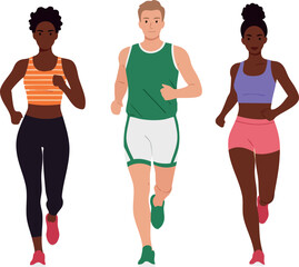 Three diverse people jogging together in sporty clothes active lifestyle fitness concept vector illustration