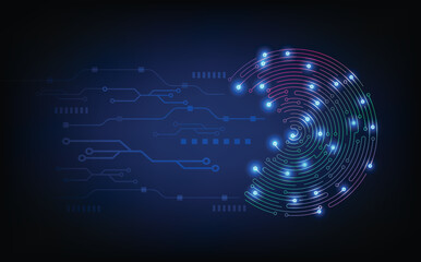 Obraz premium Futuristic abstract circuit board background with interconnected circular patterns, digital communication lines, and computer network elements for modern technology, innovation, engineering.