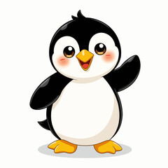 Obraz premium Cute cartoon penguin waving with a cheerful expression on white background 