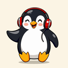 Obraz premium Happy cartoon penguin wearing headphones and enjoying music 