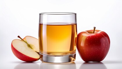 photorealistic apple juice in clear glass with slice in white background