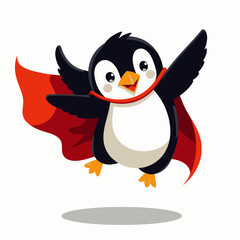 Fototapeta premium Cartoon penguin superhero flying with a red cape and joyful expression 