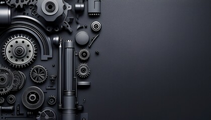 dark grey industrial parts flatlay assorted machine components engineering background website banner