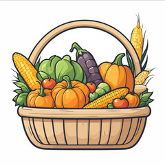 a harvest basket filled with fruits and vegetables like corn, carrot, and pumpkin.