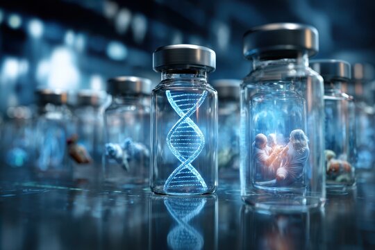 Science laboratory showcasing vials with glowing DNA and figures in a futuristic setting - Powered by Adobe