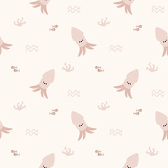 Squid cartoon so cute. On coral fish wave background. Pattern seamless vector illustration. 