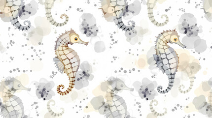 Fantasy gold dragon and seahorse pattern with birds on abstract grunge background