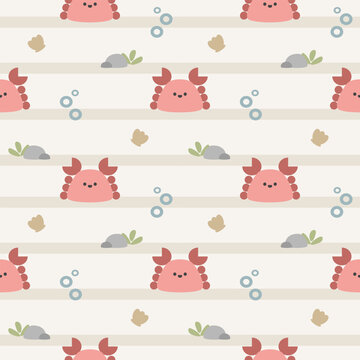 Crab cartoon so cute. On rock shell bubbles background. Pattern seamless vector illustration. 