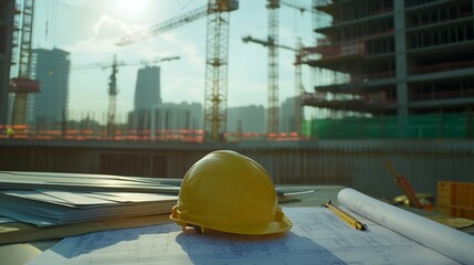 Construction helmet with a bright yellow color sitting atop blueprints on a desk at a construction site Cranes and unfinished structures in the background emphasize safety on the job