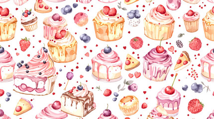 Watercolor Sweet desserts pattern on white background