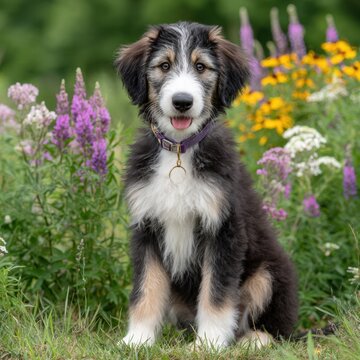 Charming shepadoodle sitting gracefully amidst a lush field of flowers with bright eyes full of life and joy