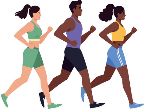 Group of diverse people running together in colorful athletic wear healthy lifestyle outdoor exercise activity