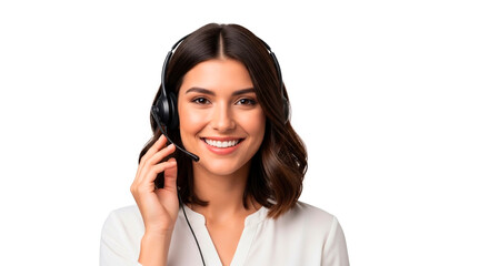 Friendly woman with headset, smiling customer service representative ready to assist, help desk support, positive and professional.