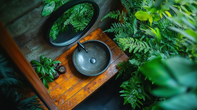 Elevated view of a modern, natural bathroom vanity