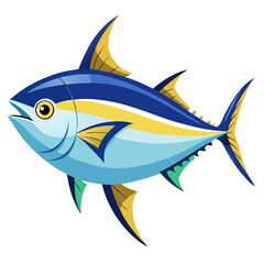 Stylized Cartoon Tuna Illustration A Vibrant Depiction of a Yellowfin Tuna with Bold Blue Yellow and Green Accents on a Clean White Background Ideal for