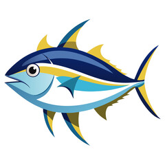 A stylized illustration of a tuna fish showcasing vibrant blues and yellows with a sleek design that emphasizes its streamlined body and distinctive fins against