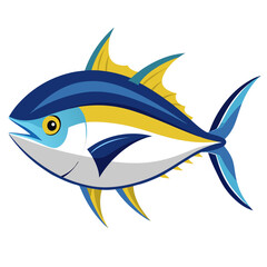 Stylized Tuna Illustration with Blue and Yellow Fins Featuring a Streamlined Body and a Focused Expression Isolated Against a White Background for Versatile Use colorful