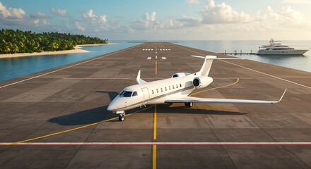 Luxury private jet parked on a runway near a tropical island and yacht, symbolizing wealth, travel, and exclusive lifestyle.
