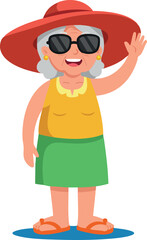 Elderly woman wearing red hat black sunglasses green skirt yellow top waving hand vector illustration