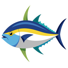 A vibrant cartoon depiction of a tuna fish showcasing its distinctive blue and yellow coloration sleek body shape and prominent fins against a clean white