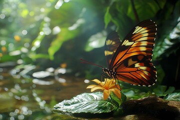 Monarch Butterfly Resting on Yellow Flower in Lush Green Environment