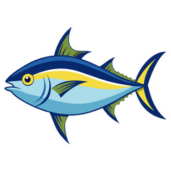 Stylized Tuna Fish Illustration with Blue Yellow and Green Accents Featuring a Streamlined Design and Isolated on a White Background Perfect for Educational or Decorative