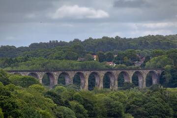 Obraz premium Architectural Heritage: A Long Bridge Blending with Natural Green Landscape