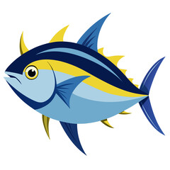 Stylized Cartoon Tuna Fish Illustration with Bold Colors and Simplified Shapes Featuring Blue Yellow and Light Blue with a White Background for Versatile Use colorful