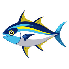 A vibrant cartoon illustration of a tuna fish showcasing its distinctive blue and yellow coloration sleek body and sharp fins against a clean white background